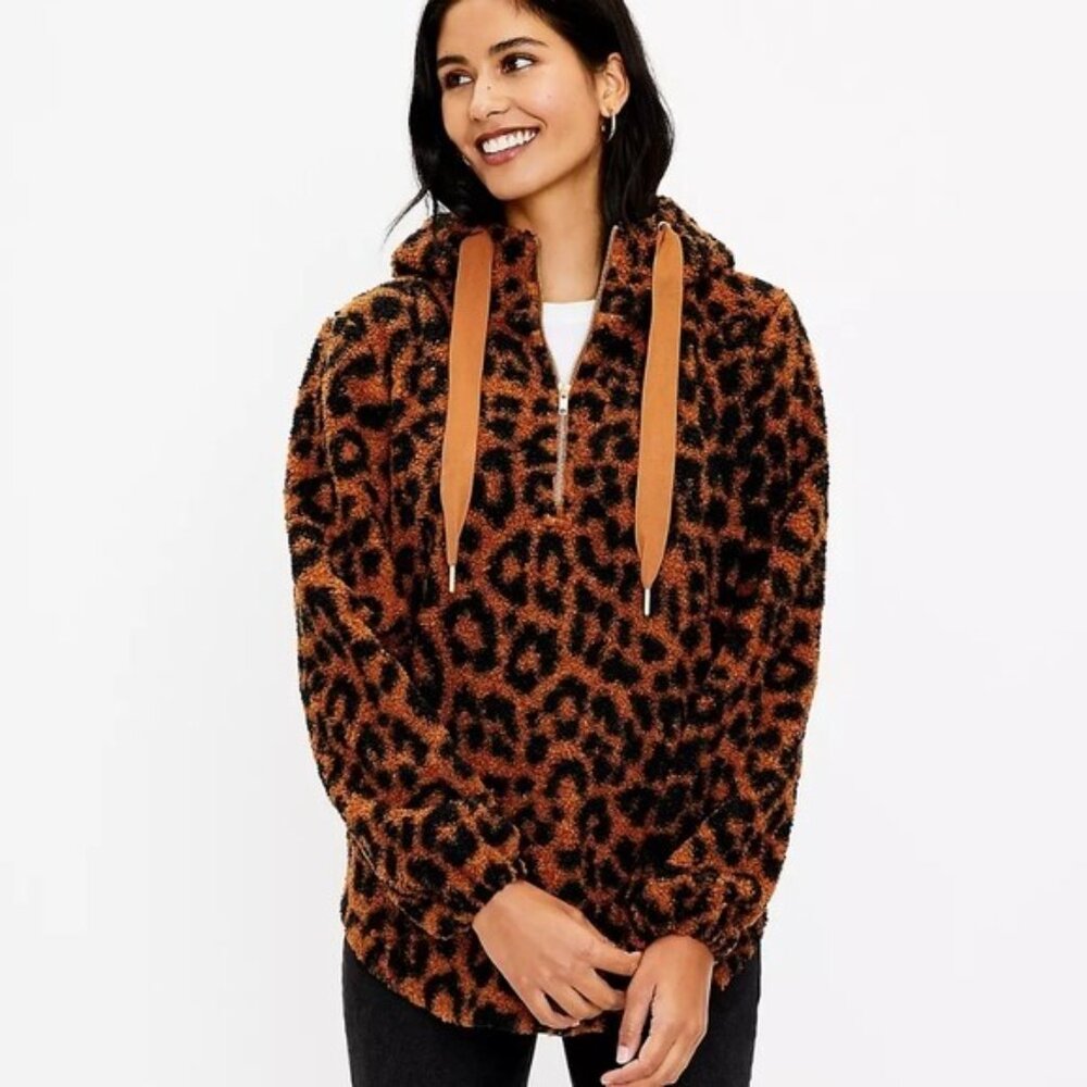 LOFT Women's Black Brown Leopard Print Quarter Zip Pullover Teddy Hoodie Size M